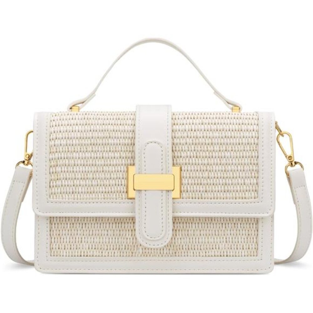 Women White Top Handle Straw Crossbody Bags Summer Straw Purses Hand Bag